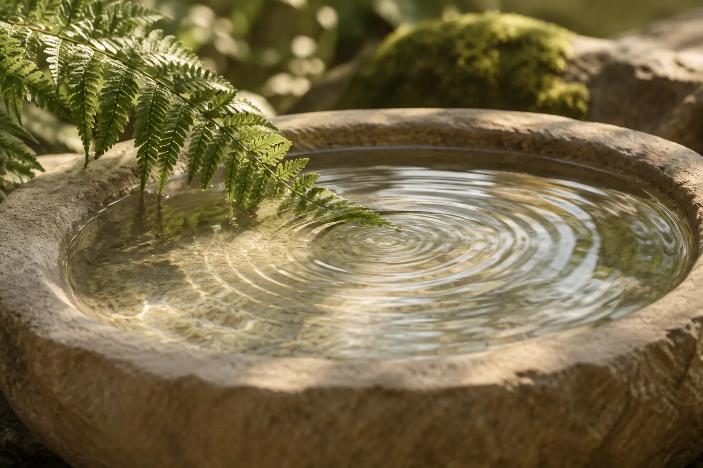 Sanfte Wasserkreise in einer Steinschale neben einem Farn.