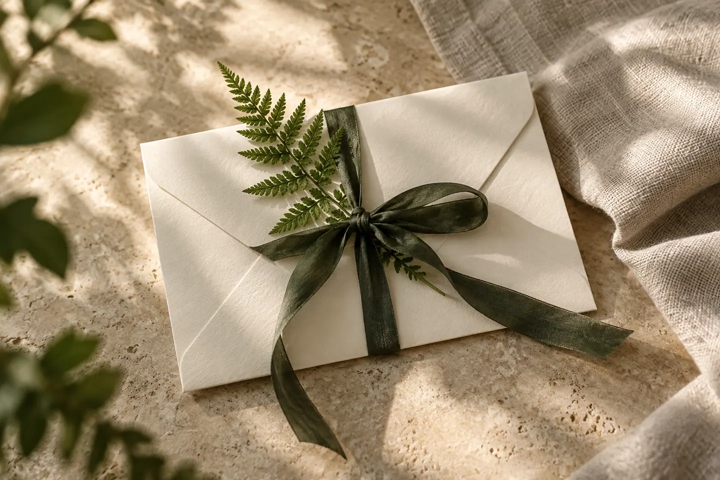 Geschenkumschlag mit grünem Band und einem Farnzweig.
